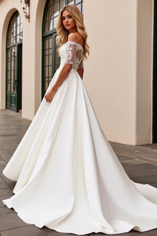 Ivory Satin Illusion Neck Sweep Train Wedding Dress with Lace