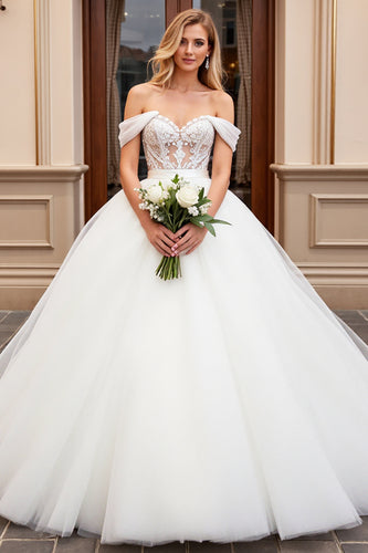 Ivory Off the Shoulder Sweep Train Wedding Dress with Lace