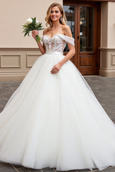 Ivory Off the Shoulder Sweep Train Wedding Dress with Lace