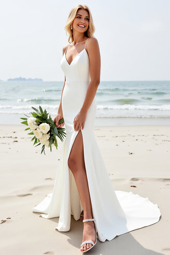 Ivory Satin V Neck Sweep Train Boho Wedding Dress