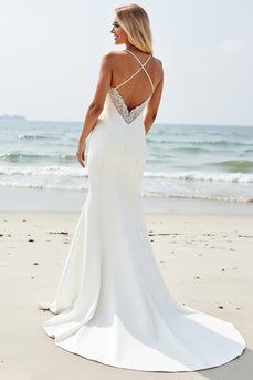 Ivory Satin V Neck Sweep Train Boho Wedding Dress