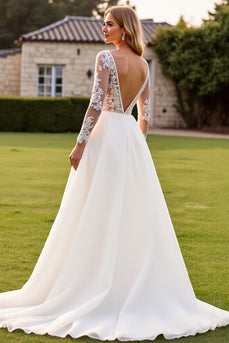 Ivory V Neck Sweep Train Wedding Dress with Lace