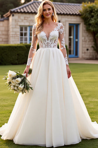 Ivory V Neck Sweep Train Wedding Dress with Lace