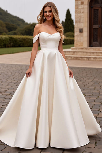 Ivory Satin A Line Sweep Train Off the Shoulder Wedding Dress with Lace