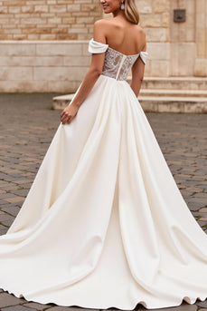 Ivory Satin A Line Sweep Train Off the Shoulder Wedding Dress with Lace