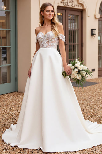 Ivory Satin Off the Shoulder Sweep Train Wedding Dress with Lace