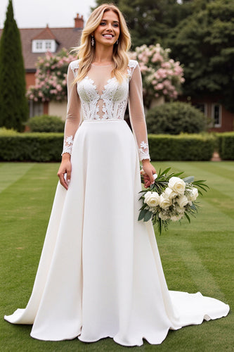 Ivory Satin Illusion A Line Sweep Train Wedding Dress with Lace