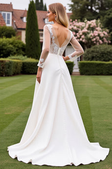 Ivory Satin Illusion A Line Sweep Train Wedding Dress with Lace