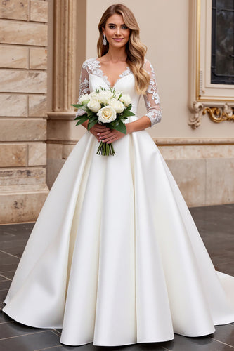 Ivory Satin A Line Sweetheart Sweep Train Wedding Dress with Lace