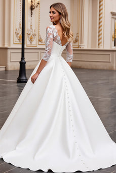 Ivory Satin A Line Sweetheart Sweep Train Wedding Dress with Lace