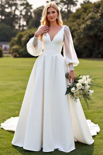 Ivory V Neck Satin A Line Sweep Train Wedding Dress with Lace