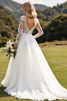 Ivory A Line Illusion Boat Neck Sweep Train Wedding Dress with Lace