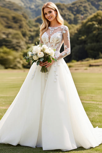 Ivory A Line Illusion Boat Neck Sweep Train Wedding Dress with Lace