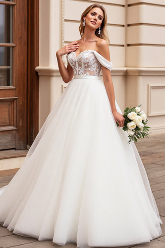 Ivory A Line Off the Shoulder Sweep Train Wedding Dress with Lace