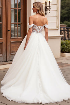 Ivory A Line Off the Shoulder Sweep Train Wedding Dress with Lace