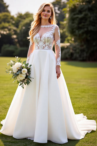 Ivory Chiffon A Line Sweetheart Sweep Train Wedding Dress with Lace