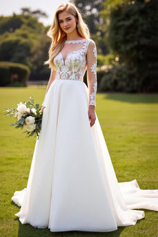 Ivory Chiffon A Line Sweetheart Sweep Train Wedding Dress with Lace