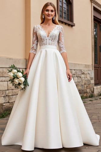 Ivory Satin A Line V Neck Sweep Train Wedding Dress with Lace