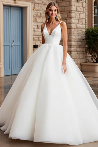 Ivory Ball Gown V Neck Sweep Train Wedding Dress