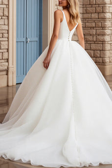 Ivory Ball Gown V Neck Sweep Train Wedding Dress