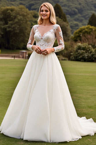 Ivory A Line Illusion Boat Neck Sweep Train Wedding Dress with Lace