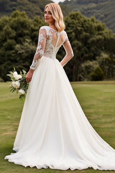 Ivory A Line Illusion Boat Neck Sweep Train Wedding Dress with Lace