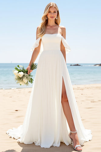 Ivory Chiffon A Line Off the Shoulder Sweep Train Boho Wedding Dress