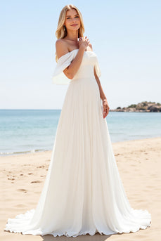 Ivory Chiffon A Line Off the Shoulder Sweep Train Boho Wedding Dress