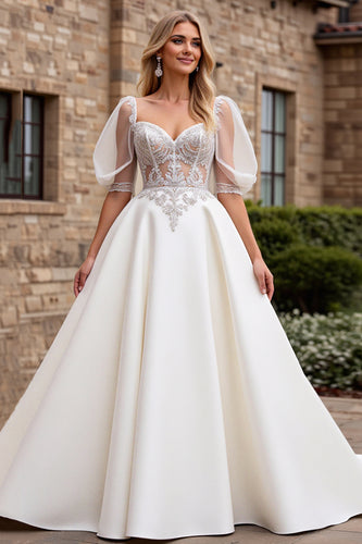 Ivory Satin A Line Sweetheart Floor Length Wedding Dress with Lace