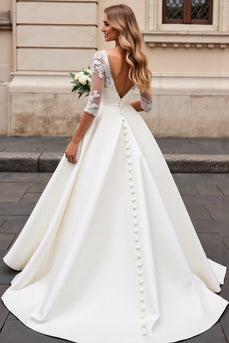 Ivory A Line Satin V Neck Sweep Train Wedding Dress with Lace