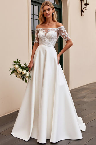 Ivory Satin A Line Off the Shoulder Sweep Train Wedding Dress with Lace