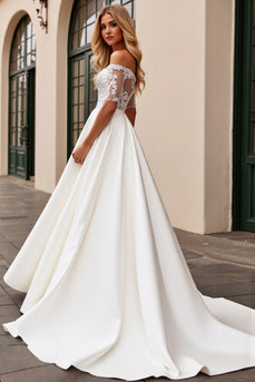 Ivory Satin A Line Off the Shoulder Sweep Train Wedding Dress with Lace