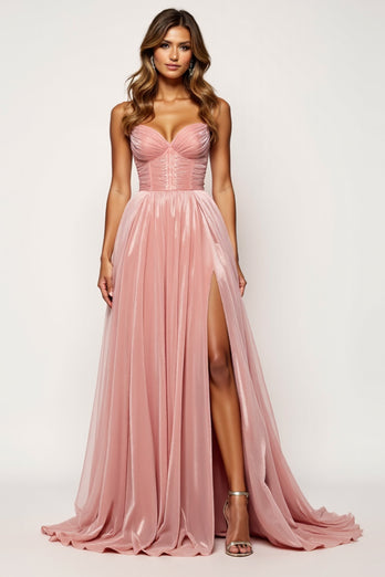 Corset Blush Pink A Line Tulle Long Prom Dress with Slit