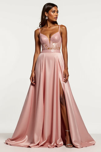 Corset Dusty Rose A Line Satin V-Neck Long Prom Dress with Slit