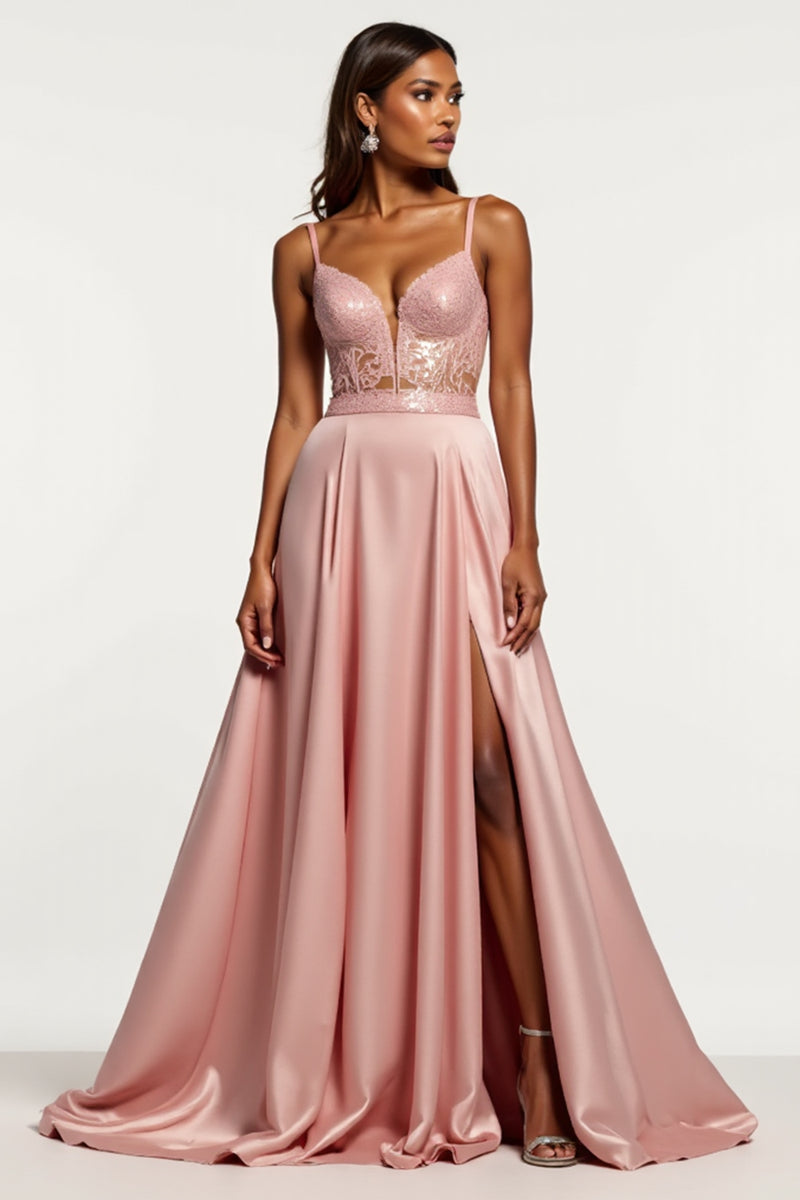 Load image into Gallery viewer, Corset Dusty Rose A Line Satin V-Neck Long Prom Dress with Slit