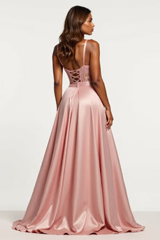 Corset Dusty Rose A Line Satin V-Neck Long Prom Dress with Slit