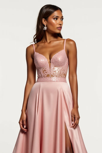 Corset Dusty Rose A Line Satin V-Neck Long Prom Dress with Slit