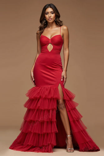 Dark Red Mermaid Keyhole Tulle Long Prom Dress with Slit