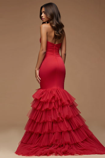 Dark Red Mermaid Keyhole Tulle Long Prom Dress with Slit