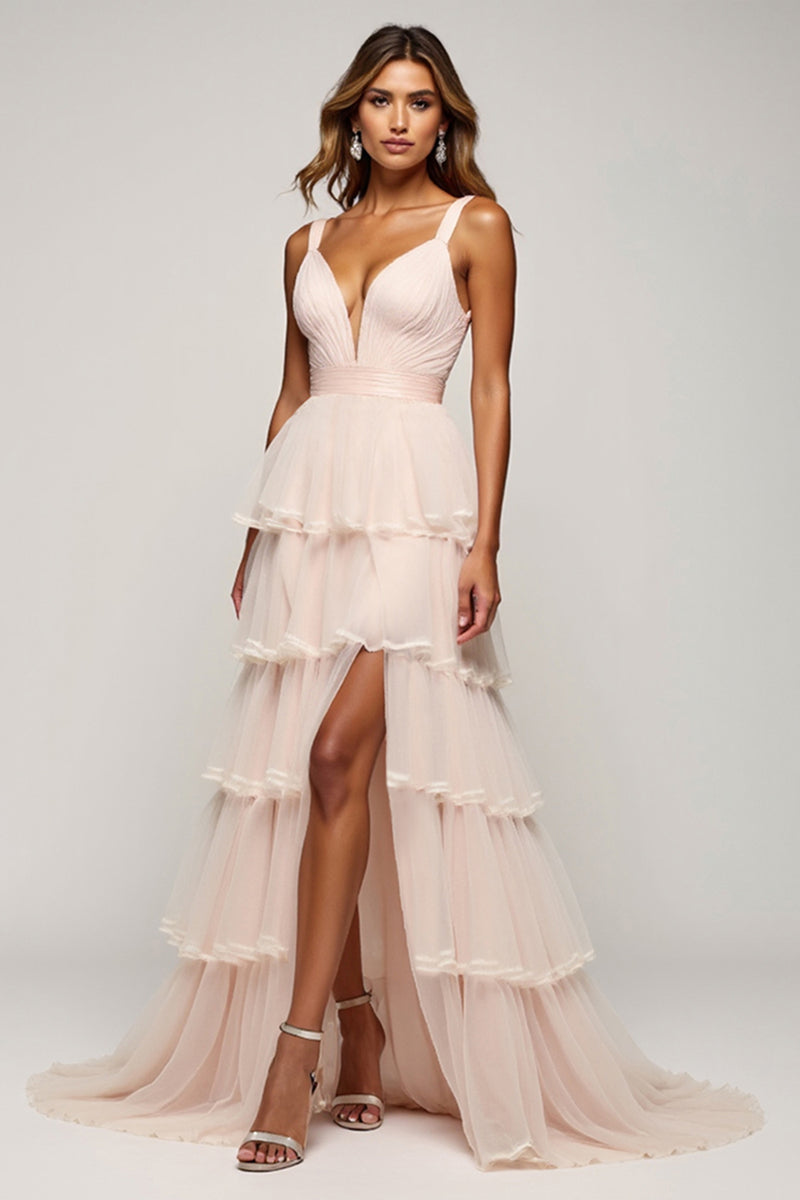 Load image into Gallery viewer, Candy Pink A Line Tulle Tiered V-Neck Long Prom Dress with Slit