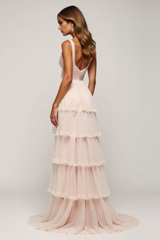 Candy Pink A Line Tulle Tiered V-Neck Long Prom Dress with Slit