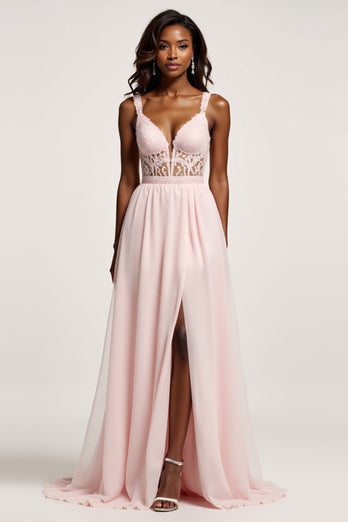 Corset Candy Pink A Line Chiffon Deep V-Neck Long Prom Dress with Slit