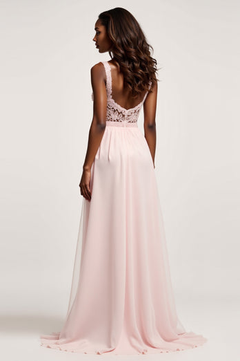 Corset Candy Pink A Line Chiffon Deep V-Neck Long Prom Dress with Slit