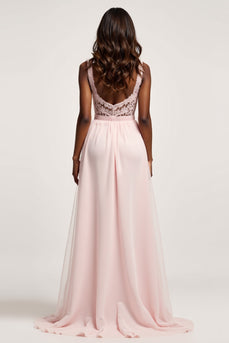 Corset Candy Pink A Line Chiffon Deep V-Neck Long Prom Dress with Slit