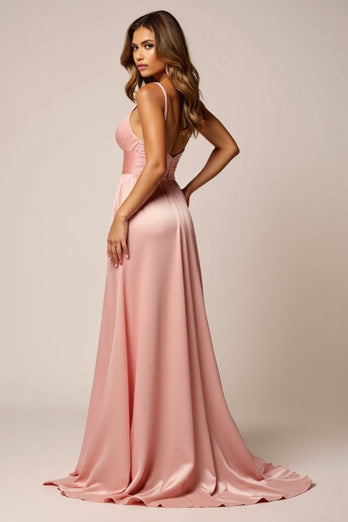 Sparkly Blush Pink A Line Satin V-Neck Long Prom Dress with Slit