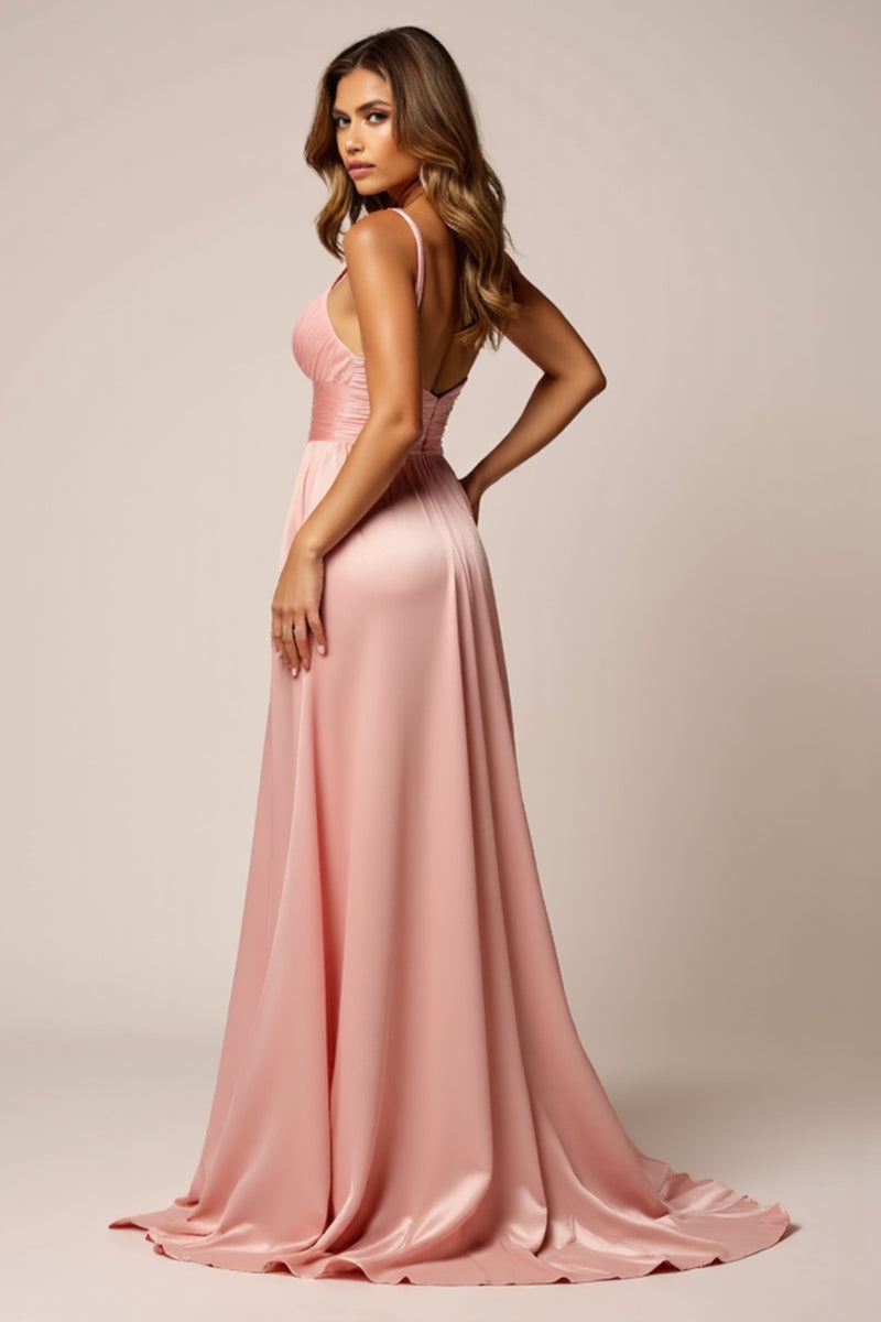 Load image into Gallery viewer, Sparkly Blush Pink A Line Satin V-Neck Long Prom Dress with Slit