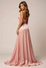 Load image into Gallery viewer, Sparkly Blush Pink A Line Satin V-Neck Long Prom Dress with Slit