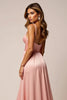 Load image into Gallery viewer, Sparkly Blush Pink A Line Satin V-Neck Long Prom Dress with Slit