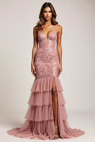 Dusty Rose Sheath Deep V-Neck Long Prom Dress with Silt