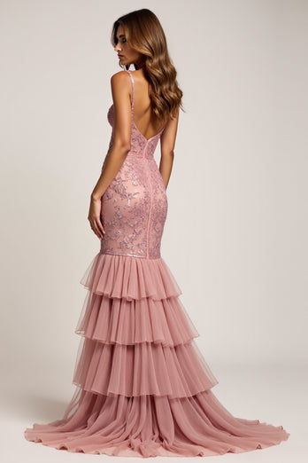 Dusty Rose Sheath Deep V-Neck Long Prom Dress with Silt